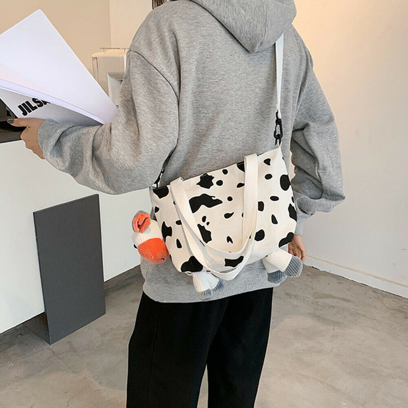 Fashion Women Cow Print Shoulder Bags Canvas Pendant Handbags Casual Totes