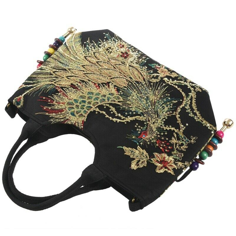 Shiny Sequins Peacock Embroidered Women Canvas Totes Bag, Summer Shopping S Y4U7