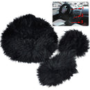 3 Black Wool Plush Warm Car Steering Wheel Cover Handbrake Gear Cover Cap Winter