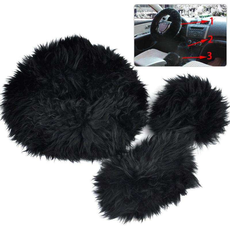 3 Black Wool Plush Warm Car Steering Wheel Cover Handbrake Gear Cover Cap Winter