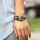 Punk Cowhide Rope Multilayer Alloy Wood Beads Unisex Adjustable Bracelet Gift