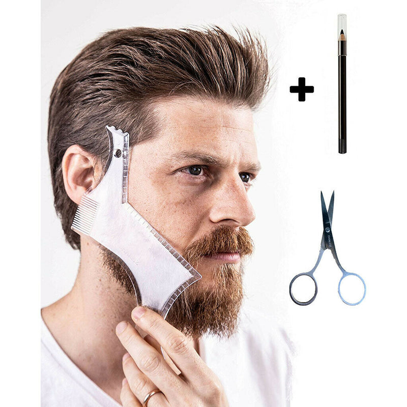 Beard Mustache Facial Hair Trimming Shaping Comb Stencil Template W/ Scissor
