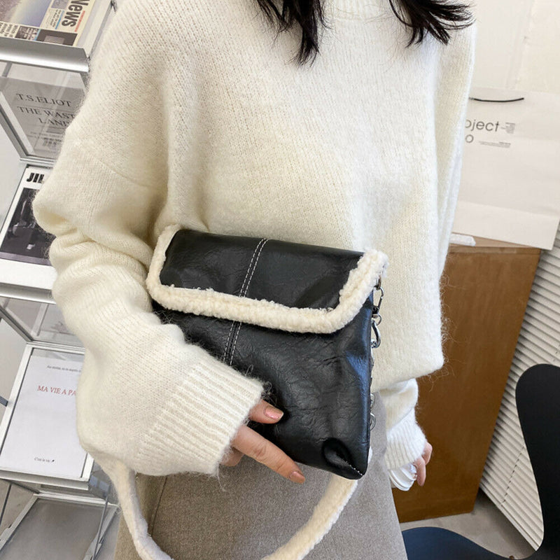 Retro Splicing Leather Plush Chain Tote Autumn Women Shoulder Messenger Bag