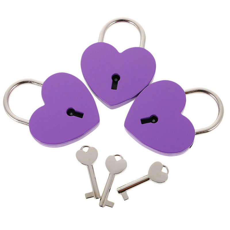Set of 3 Cute Heart Shape Padlocks Metal Lock with Keys, Purple L