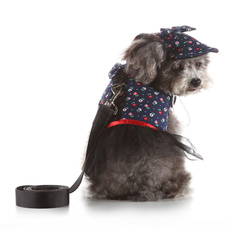 Pet Dog Vest Harness with Hat Pet Costume Party Clothes Blue Dot Flower-M