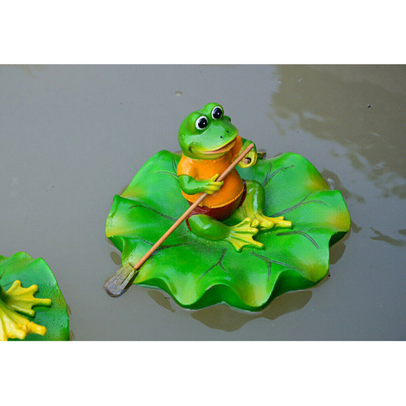 2x Artificial Pond Lily Floating Plant With Frog Ornament Family Rowing