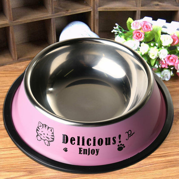 Stainless Steel Anti-skid Dog Cat Food Water Bowl Pet Feeding Tool Pink A#S