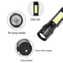 Zoom T6+COB LED Flashlight USB Rechargeable 4 Modes IP44 Waterproof Torch