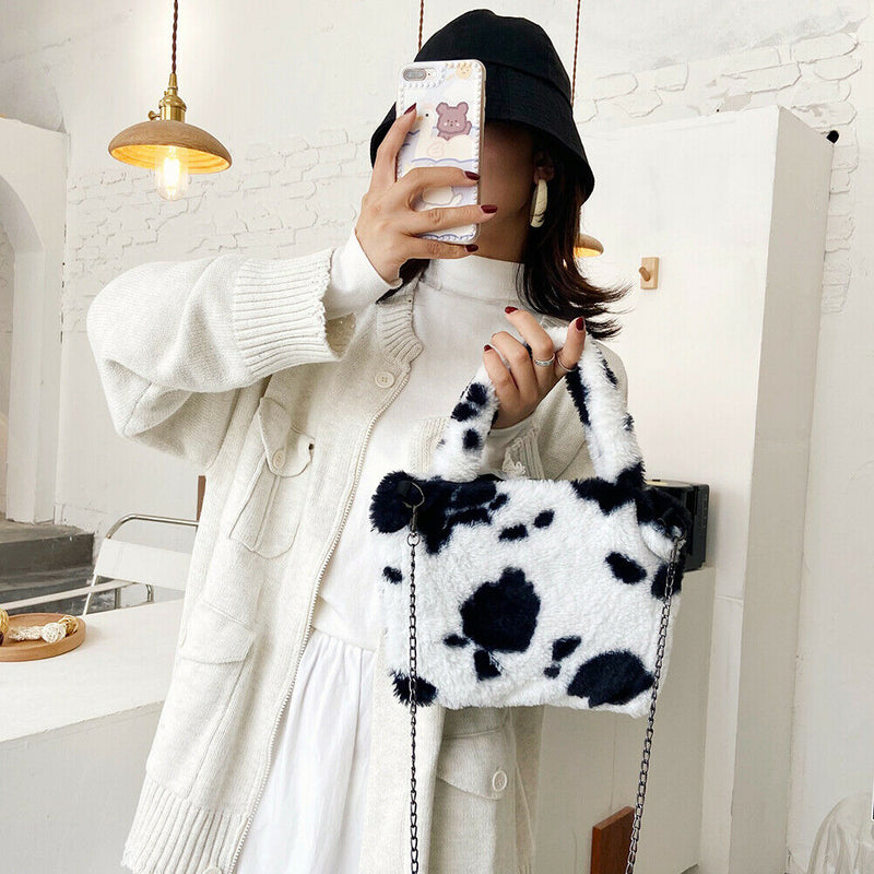 Plush Messenger Bag Women Winter Fashion Shoulder Fluffy Handbag (Black)