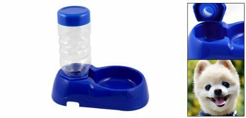 Blue Plastic Double Food Bowl Water Dispenser for Dog Cat