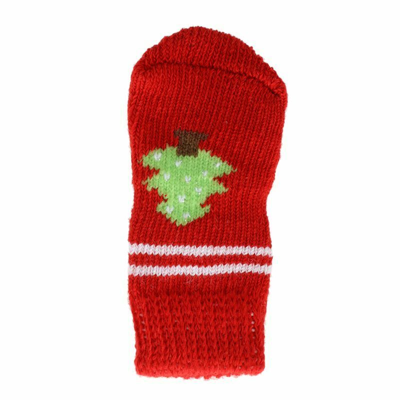 Red White Nonslip Christmas Tree Print Pet Dog Knitted Socks L4N5
