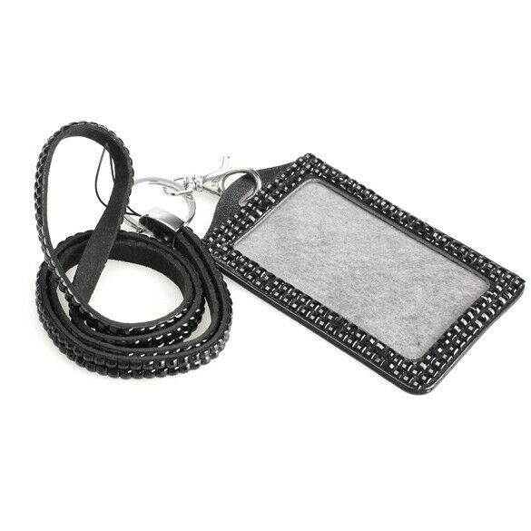 Black Rhinestone Bling Crystal Lanyard Sling Vertical Card ID Badge Holder  A