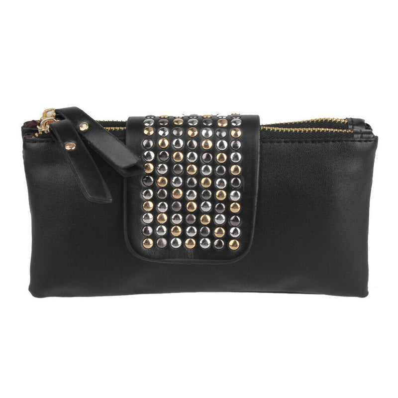 Women PU Leather Fashion Black Rivet Handbag Clutch Bag Zipper Long Wallet