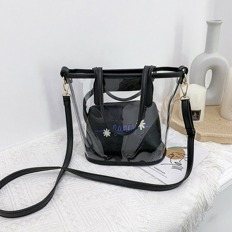 2pcs PVC Transparent Women Shoulder Crossbody Bag PU Clutch Handbag (Black)