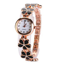 Girls Chic Fashion Flower Rose Golden Bracelet Wrist Watch Black