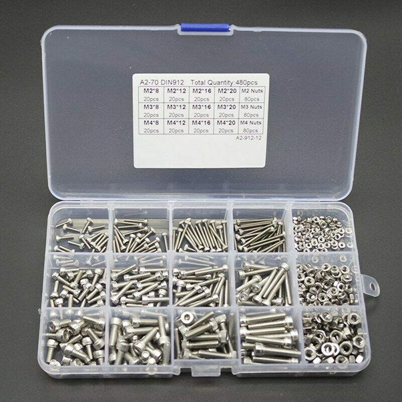 480pcs Hex Socket Head Cap Screws Nut Kit Set M2 M3 M4 Stainless Steel For  C2Q3
