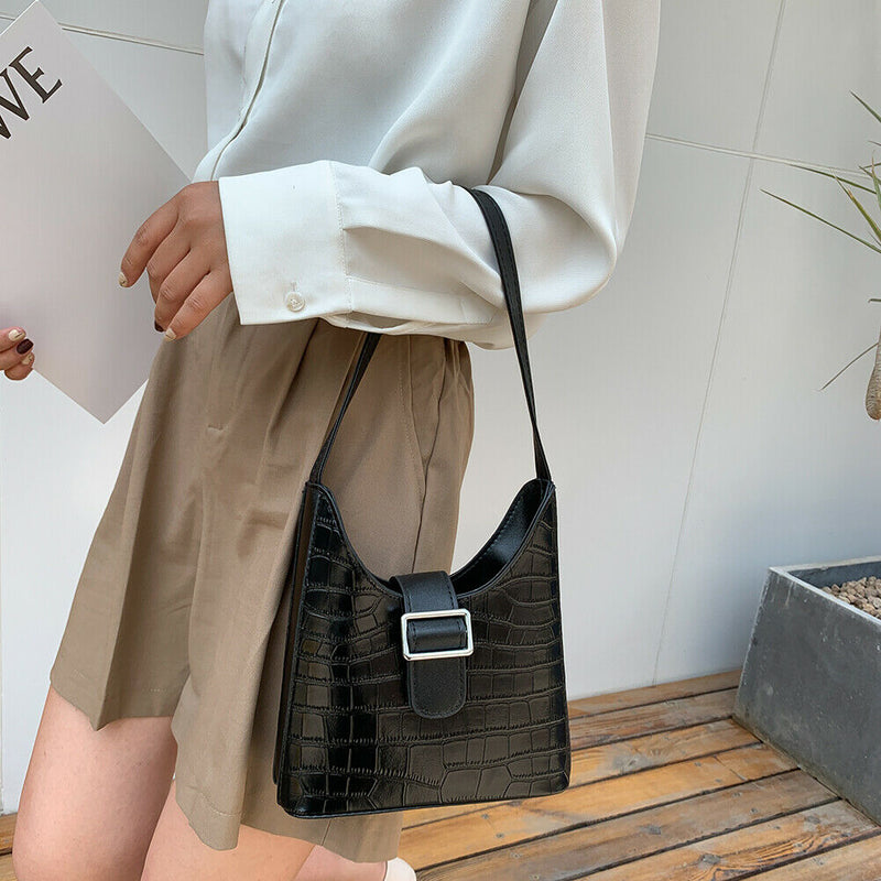 Stone Pattern Women Handbag Leather Female Retro Shoulder Tote Bag (Black)