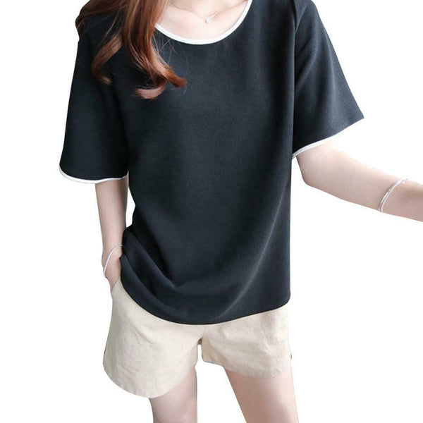 Women Bottom T-Shirt Solid Color Half Sleeve O-neck Tee Shirt (Black XL)
