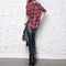 Autumn Casual Women Blouses O-neck Plaid Splicing Loose Tops (Grey)(S)
