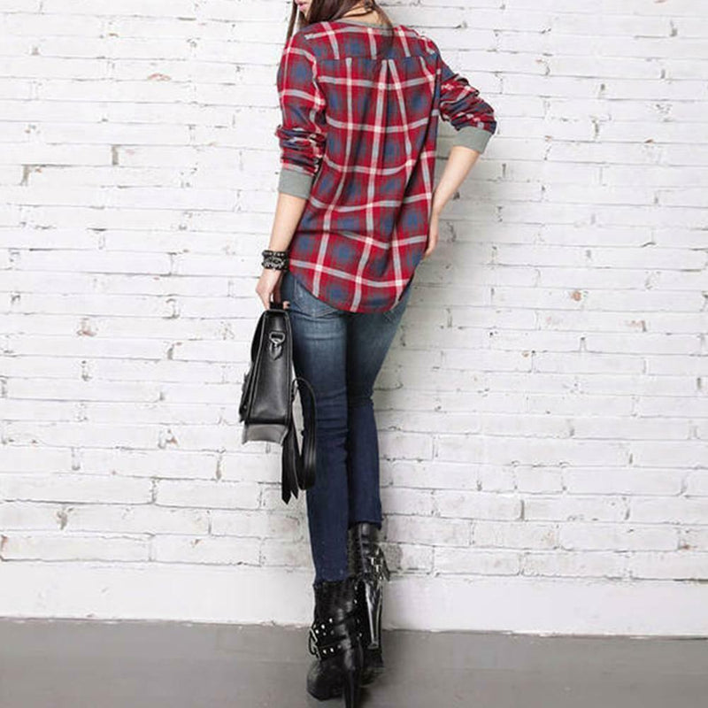 Autumn Casual Women Blouses O-neck Plaid Splicing Loose Tops (Grey)(S)