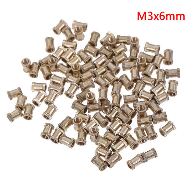 100Pcs M3x6mm Threaded Round Brass Knurl Thread Insert Nuts Brass Tone Nuts.  Ew