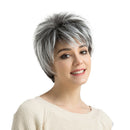 Women 10 inches Natural Gray Synthetic Short Straight Layered Wigs with Bangs