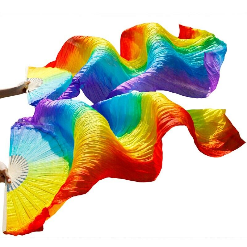 Handmade Women Quality Belly Dance Fan Dance 100% Real Silk Veil Rainbow Co E4N6