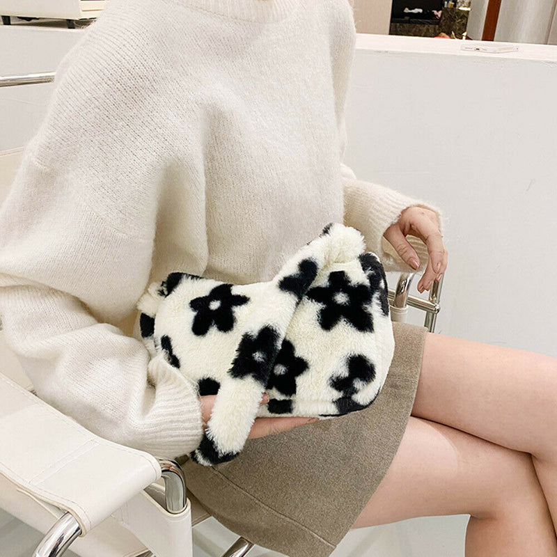 Women Fluffy Shoulder Bag Solid Plush Handbags Female Winter Totes (Flower)