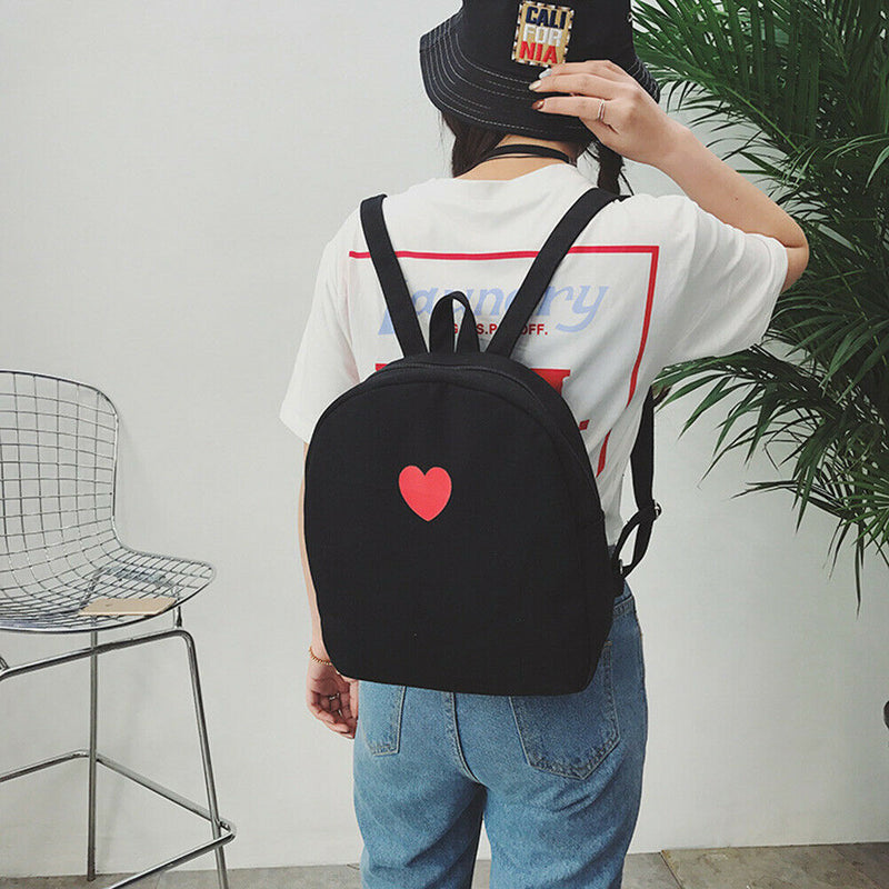 Preppy Chic Girls Canvas Love Printed Backpack Simple School Bag(Black)