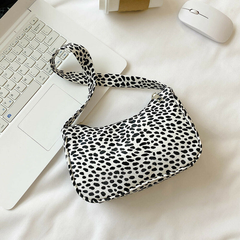 Cow Dot Printed Handbag Women PU Totes Small Underarm Shoulder Bag (Black)