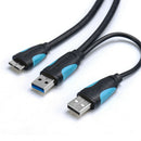 Dual USB 3.0 A Male to Micro B Y Power Data Cable Mobile Hard Disk HDD Cord