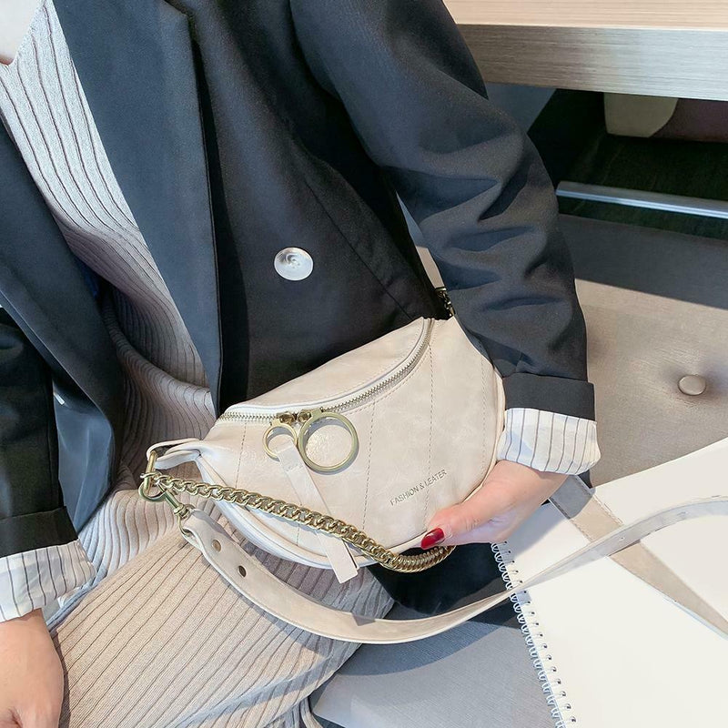 Fashion Leather Crossbody Bags Women Chain Shoulder Travel Handbag (Beige)