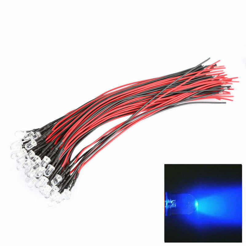 50pcs DC 12V 5mm Car Decor Blue Light LED Long Bright Lamp Bulbs with Wire