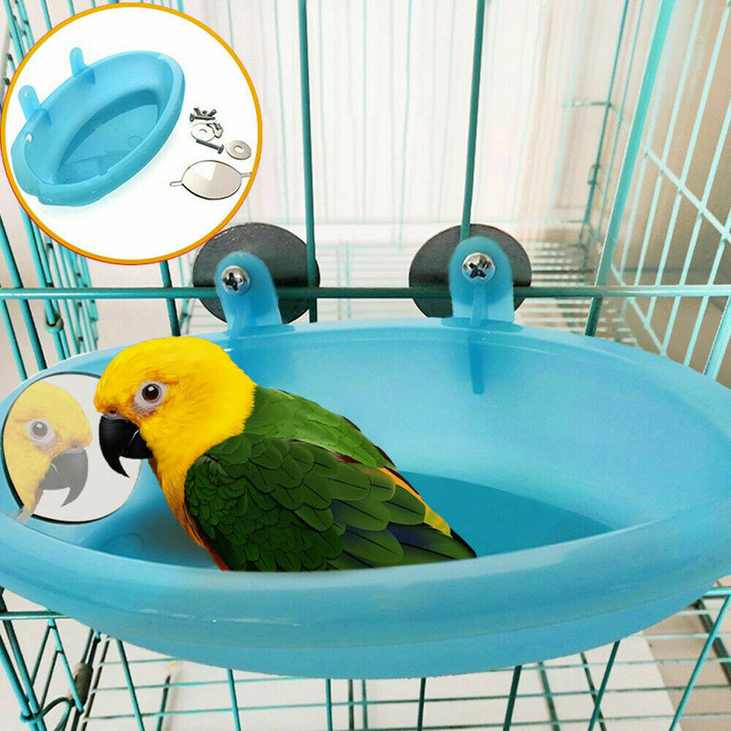 Blue Small Parrot Bird Bathtub Pet Cage Accessories Box Mirror Shower Bath