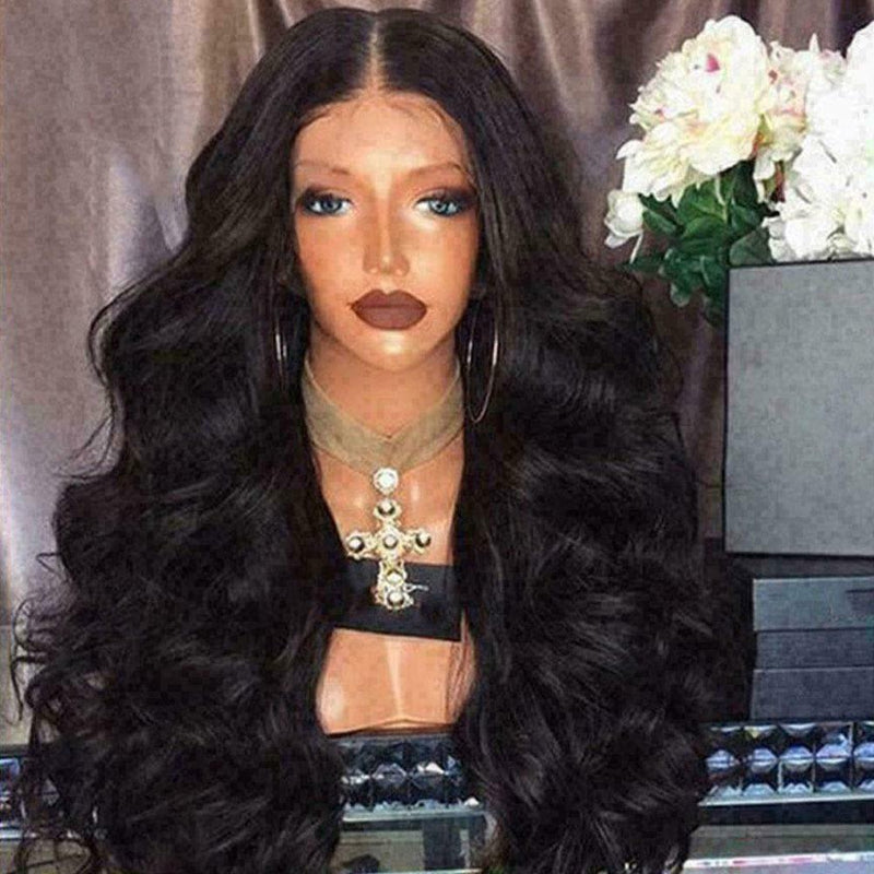 Women Fashion Human Hair Wig Body Wavy Full Wigs Natural Black 68-72 cm K1T6