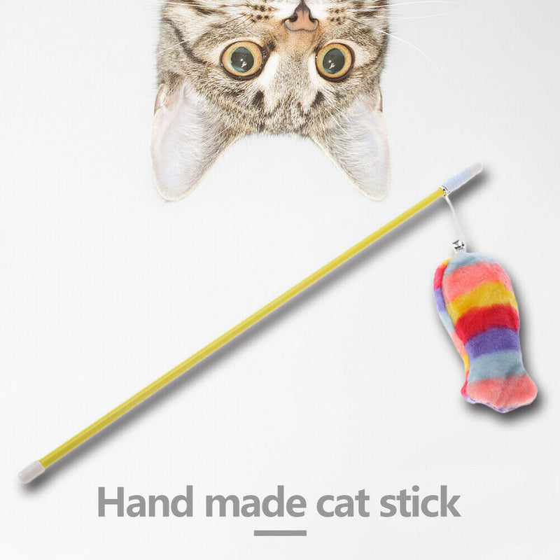 Cat Teasing Stick Plush Fish Wand Squeaky Pet Teaser Rod Interactive Toys