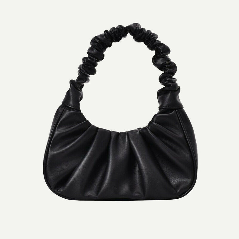 Elegant Pleated Handbag Women Leather Travel Totes Shoulder Bag (Black)