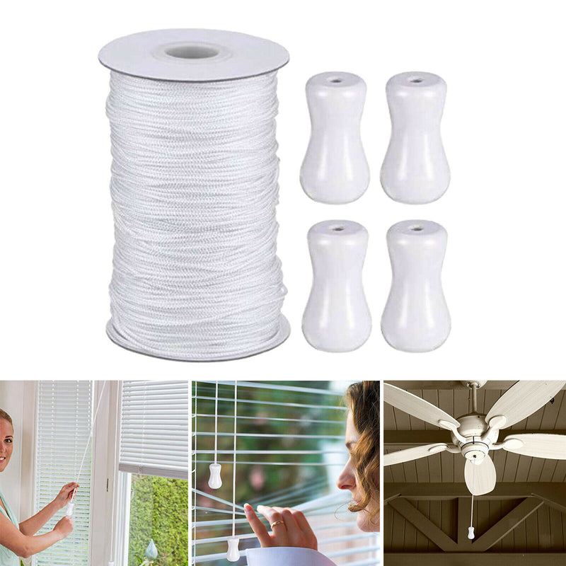 1.8mm White Braided Lift Shade Cord 55 Yards/Roll with 4x White Wood Pendant