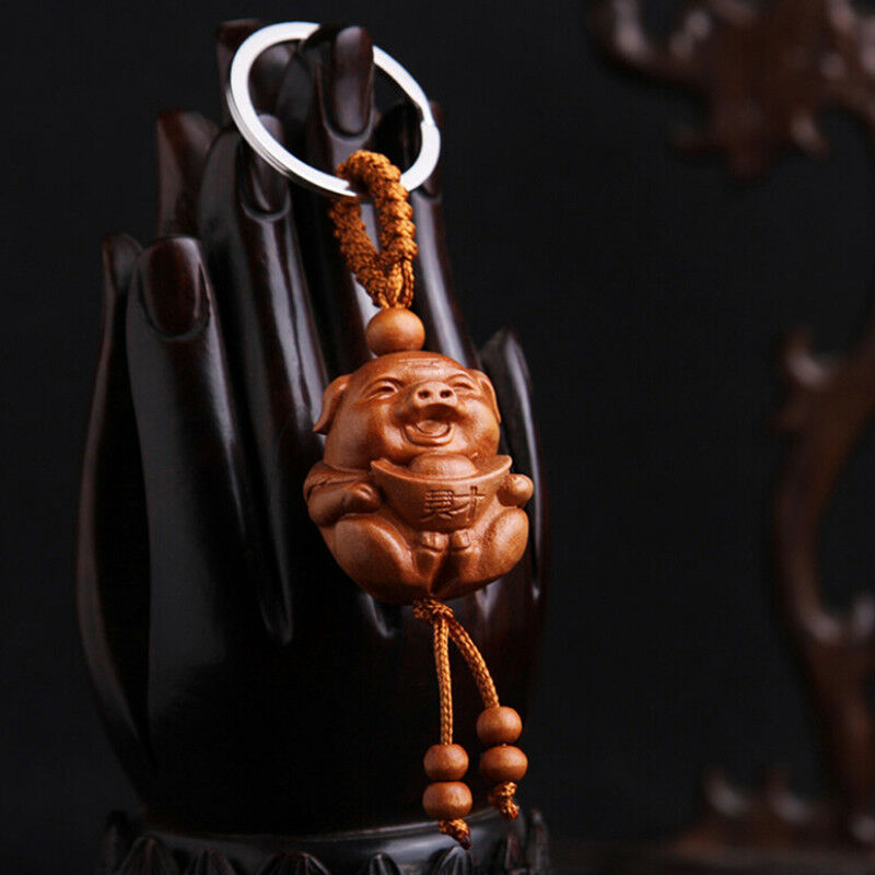 Pig of Year Carving Wooden Pendant Keychain Key Ring Chain Jewelry Gifts Lucky Z