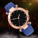 Women PU Leather Quartz Luxury Starry Sky Crystal Dial Analog Watch (Blue) A