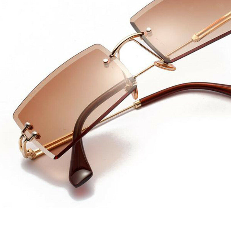 2Pack Stylish Rectangle Cut Rimless Sunglasses Tinted Lens Eyewear Shades Coffee