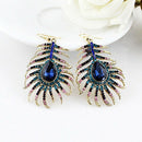 Women Charm Rhinestone Peacock Feather Shape Statement Hook Dangle Earring Delux