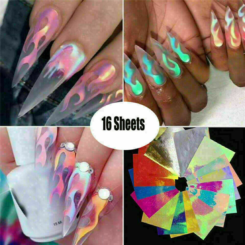 16Pcs Holographic Fire Flame Hollow Stickers Fires Manicure Stickers Nail A M5L4