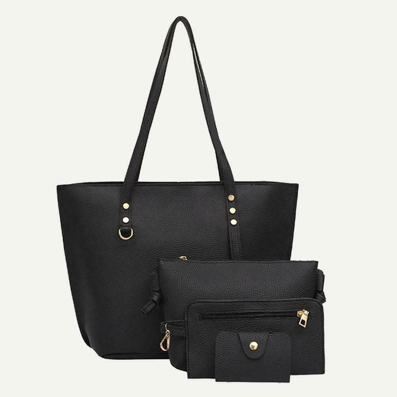 4pcs/set Solid Color Litchi Pattern Women Shoulder Handbags Clutch (Black)