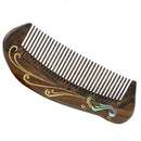 Natural Handmade Wooden Comb with Colorful Peacock, Fine Tooth Short Style