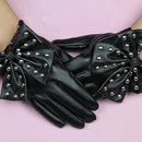 Black Fashion Lady Gaga Big Bow Rivets Women Faux Leather Finger Gloves Siz