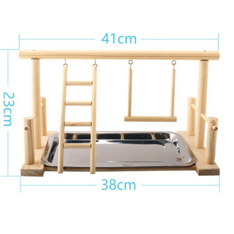 Wood Play Stand and Stainless Steel Tray Pet Bird Frame Station Parrots Pla G4J2