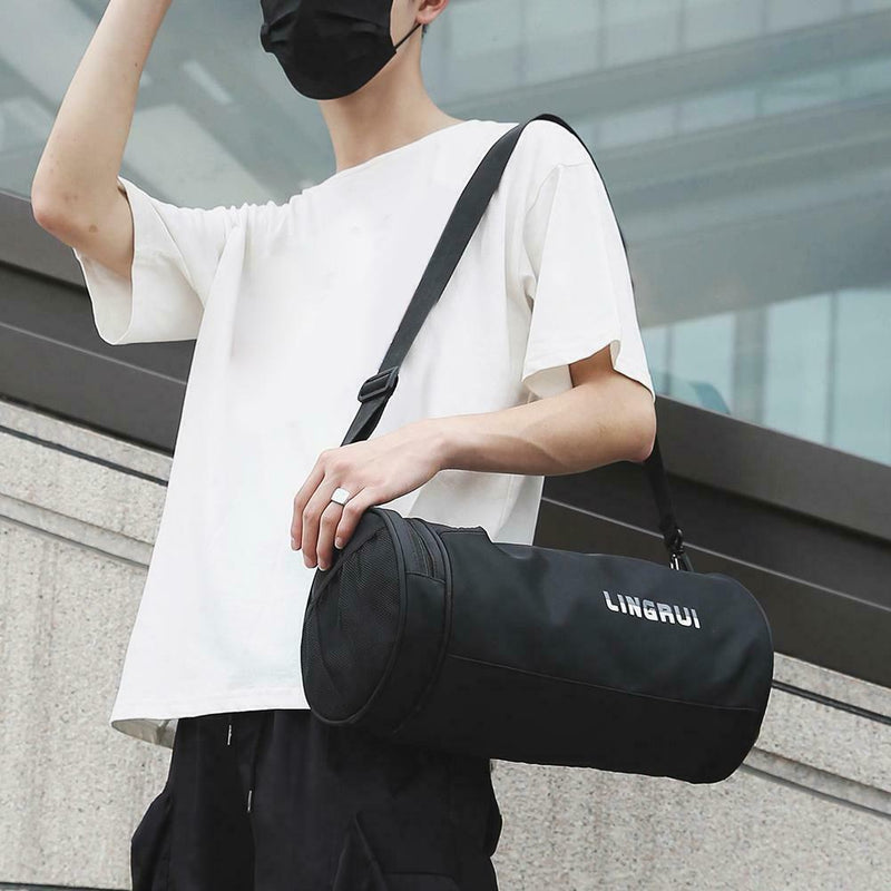 Women Barrel-Shaped Sports Gym Shoulder Bag Waterproof Nylon Bags (Black)