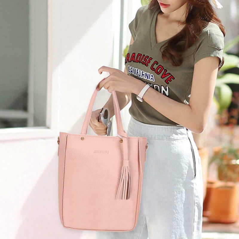 4pcs/set Litchi Pattern Women Shoulder Bags Clutch Totes Card Holder (Pink)