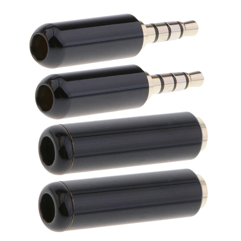 2PC 3.5mm 1/8" Jack 4 Pole Stereo Audio Male Plug + Female Jack Soldering Black